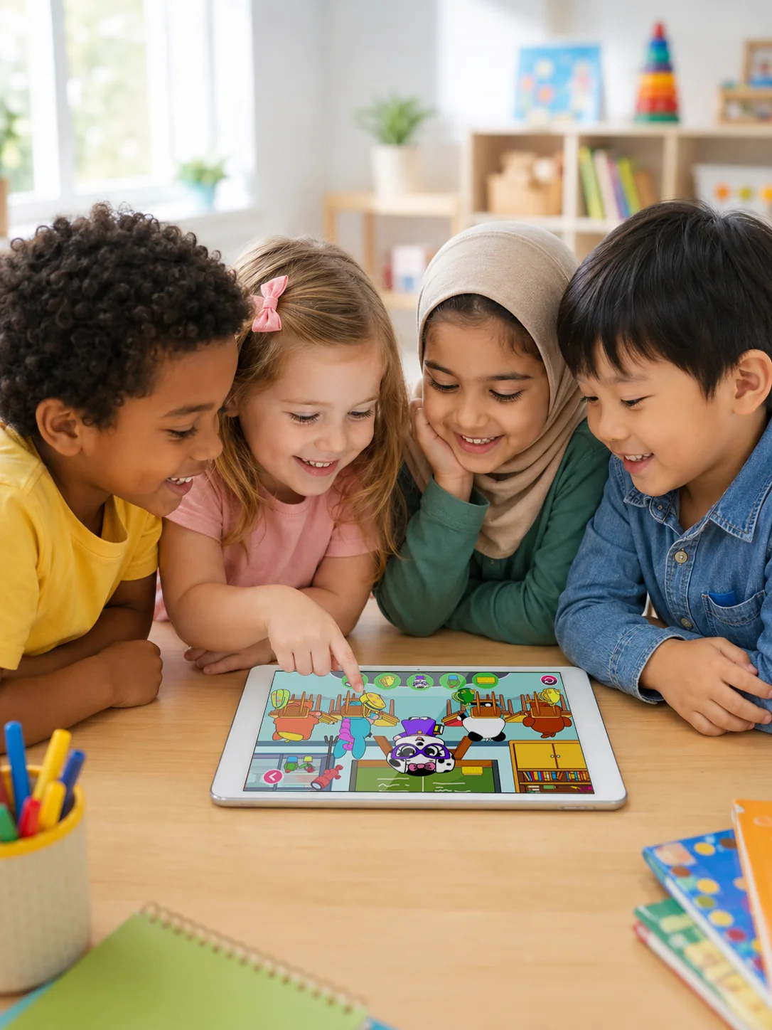 Two children lying on a rug, playing Tiny Minies together on a tablet