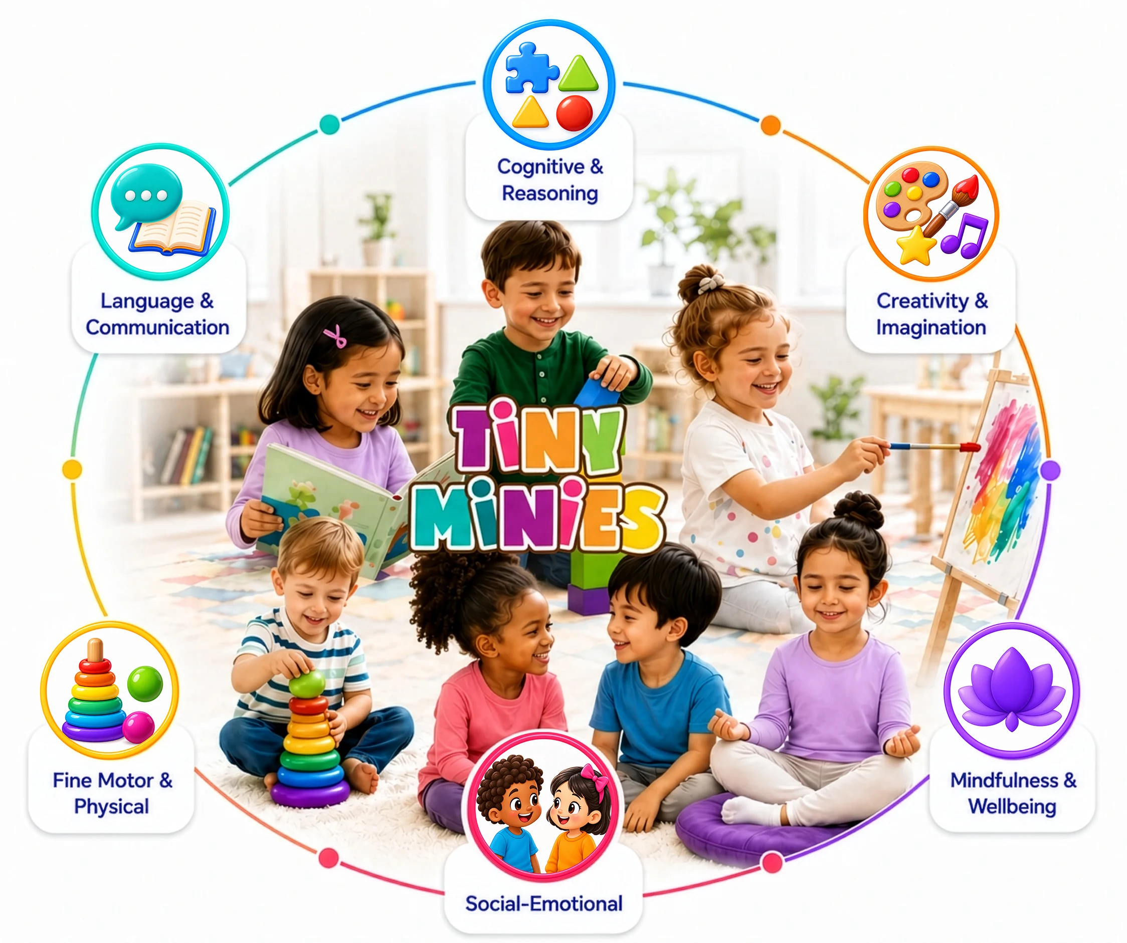 The six Tiny Minies developmental domains arranged in a circle around playing children