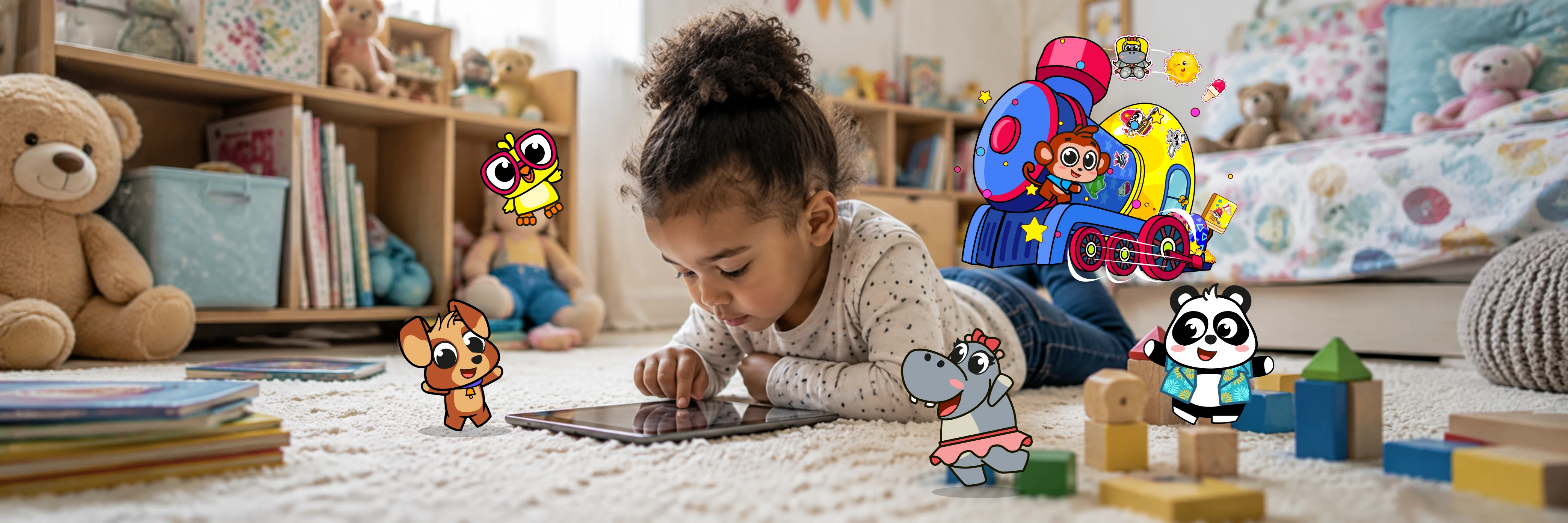 A young child lying on a playroom floor, playing Tiny Minies on a tablet, surrounded by the characters