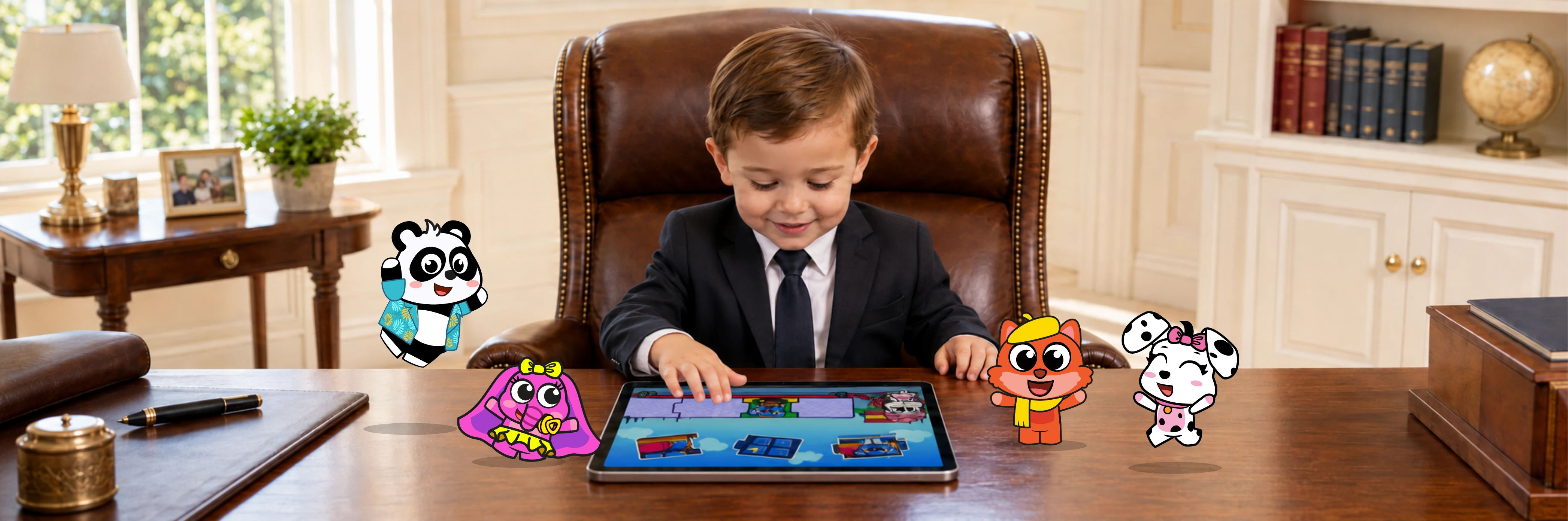 A young child in a suit playing Tiny Minies on a tablet at an office desk, surrounded by the characters
