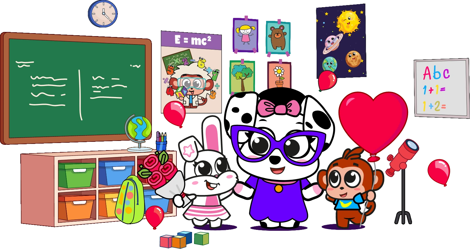 Tiny Minies characters in a classroom with a chalkboard and art supplies