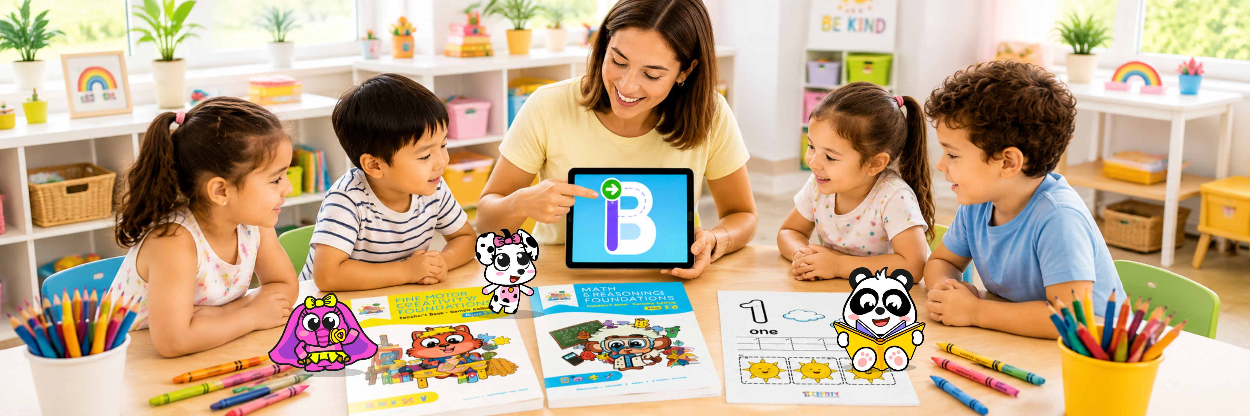A teacher and children exploring Tiny Minies together with tablets and worksheets at a classroom table