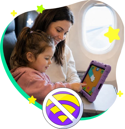 A mother and daughter using Tiny Minies offline on a plane