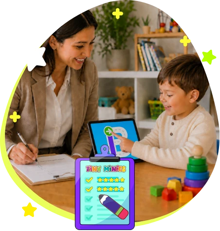 An expert reviewing content with a child